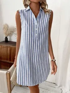 Women's Summer New Sleeveless V-Neck Button Striped Shirt Dress, Casual Short Daily Wear, Stylish and Comfortable Fashion