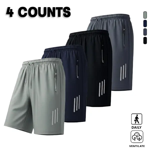 Men’s Summer 4-Pack Quick-Dry Athletic Shorts - Lightweight Breathable Cool-Touch Skin-Friendly Anti-Wrinkle Fabric, Elastic Drawstring Waist, Reflective Stripes, Zippered Anti-Loss Pockets, Suitable for Jogging, Outdoor Camping, Commuting, Drawstring Pan