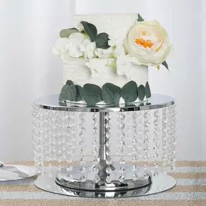 Metal Cake Stand Round Design 14" Dia Metallic Silver with Crystal Chains 8" Tall - Cupcake Dessert Pedestal