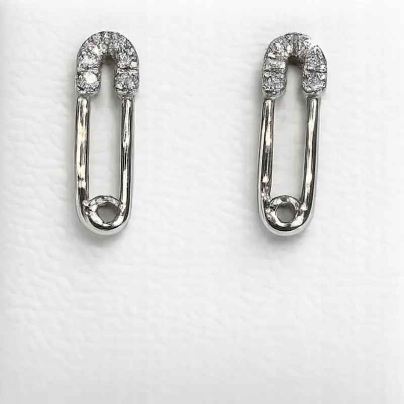 14k Real White Gold Safety Pin Stud Earrings with Diamond Accents Cool Ear Jewelry