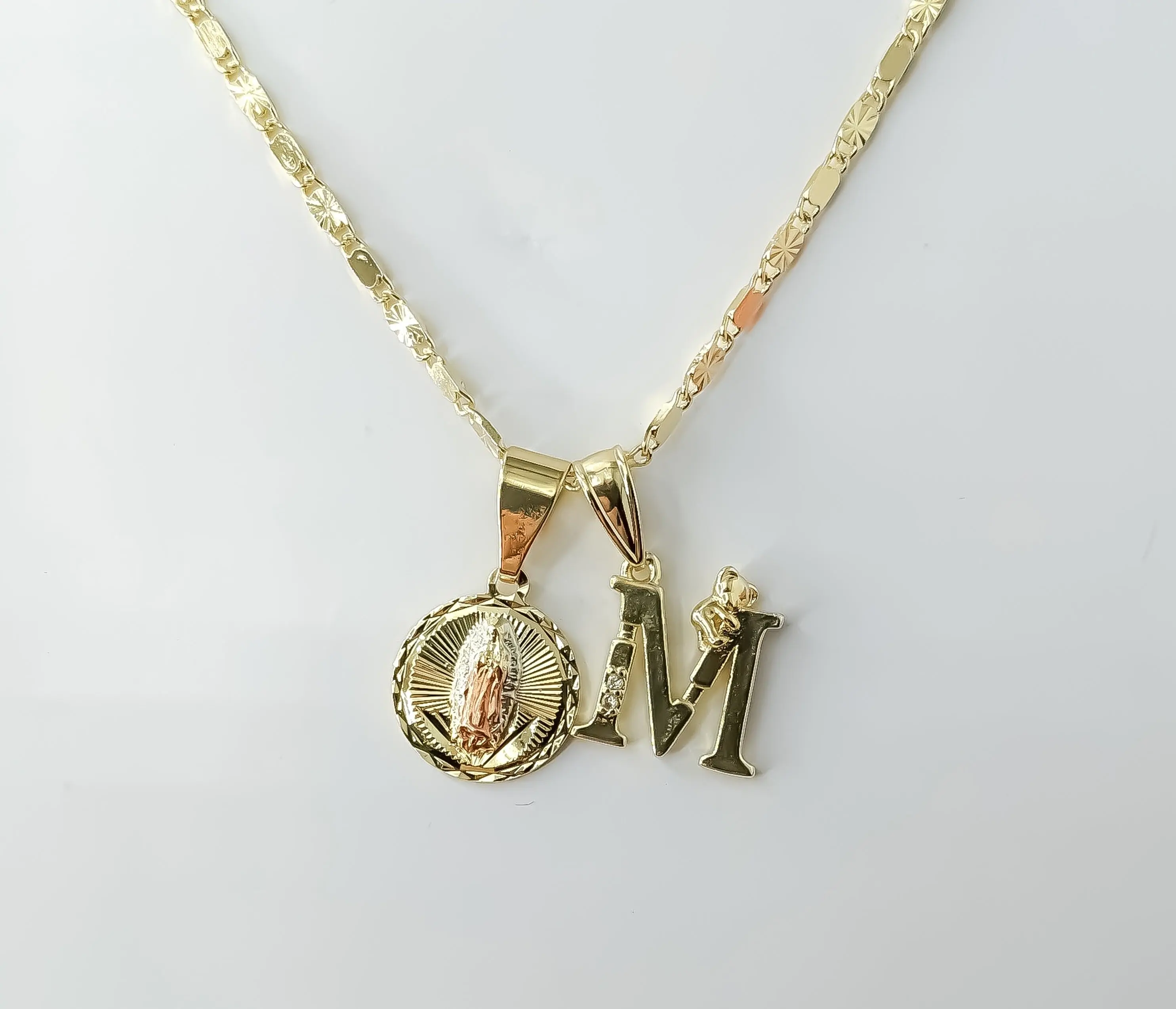 Plated Dainty Letter "M" Tri-Color Virgin Mary Double Pendants 2mm Star Solid Chain Necklace
