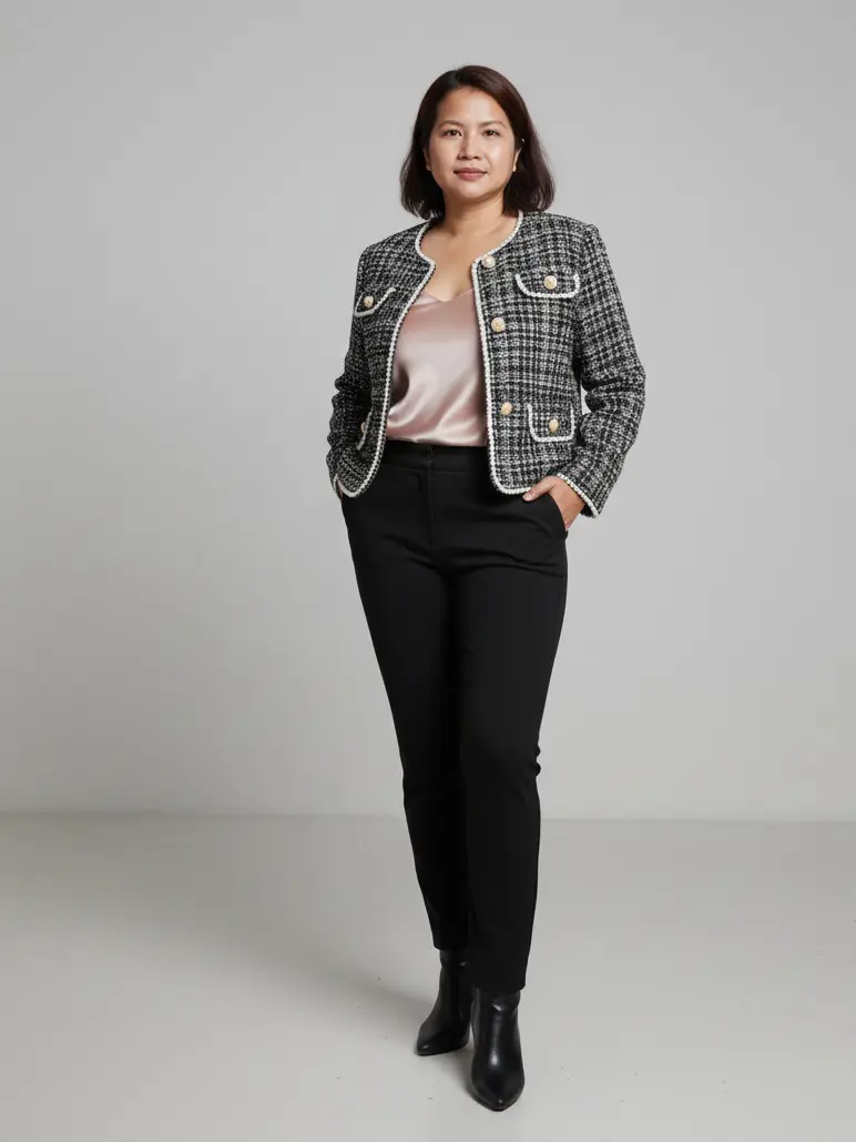 Women's Classic Plaid Button Tweed Cropped Jacket with Pearl Button Detailing
