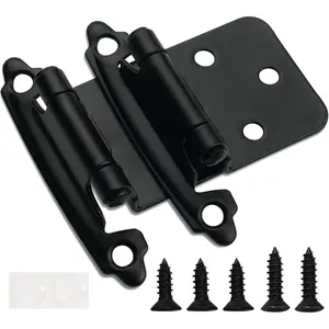 1/2" Overlay Matte Black Self Closing Cabinet Hinges 50 Pack (25 Pair), Flush Mount Black Hinges for Bath & Kitchen Cabinets with Door Bumpers & Upgraded Screws
