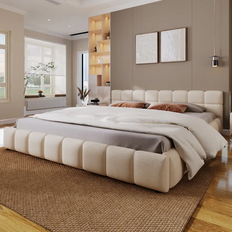 King Size Platform Bed, Chenille Thick Headboard and Footboard, Upholstery Grounded Beds, Block Style, Wood Slats Panel Support, No Spring Box Needed, Easy Assembly, Beige