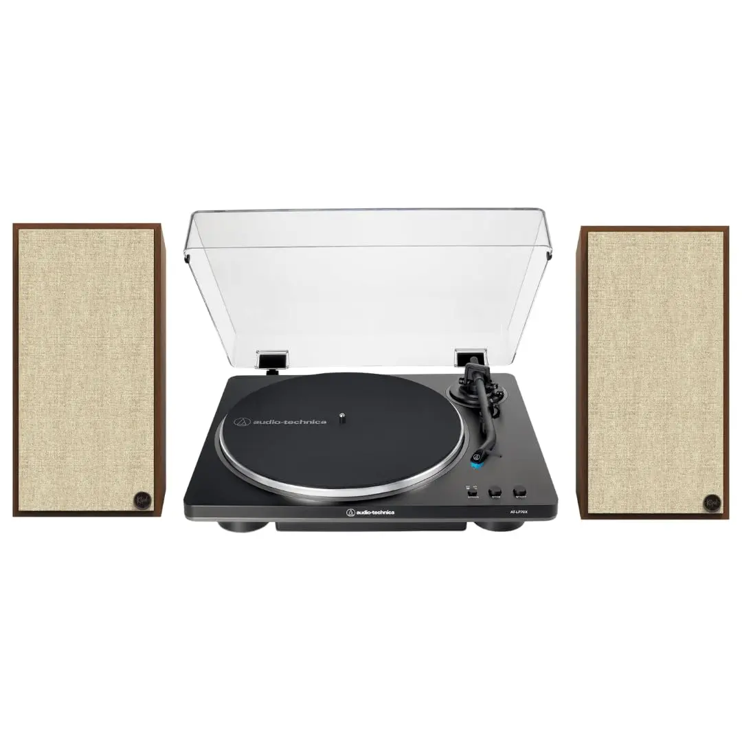 Klipsch The Sevens Heritage-Inspired Powered Audio Speakers (Walnut) Bundle Set with LP70X Fully Automatic Belt-Drive Vinyl Turntable, Amplifier, Wireless Capability, Loud Bass, Bluetooth, Digital Connectivity & Built-In Subwoofer