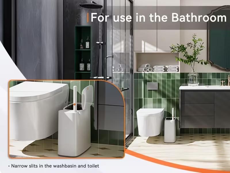 2-in-1 Trash Can with Toilet Brush and 72 disposable Brush Heads|Full White Rectangular Modern Bathroom Narrow Seam Trash Can with Push-On Lid, I