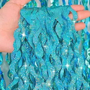 Blue Wave Foil Fringe Curtain Party Decor, Shiny Ribbon Metal Wire, Beach Party, Underwater Mermaid Theme, Birthday, Wedding Decoration, Wedding Party Backdrop