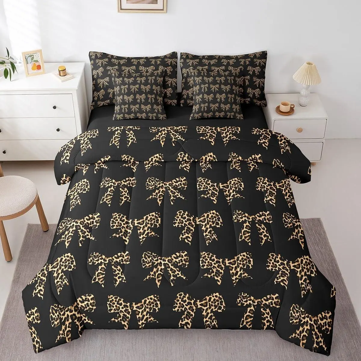 Feelyou 7-Piece Ultra-Soft Leopard Print Microfiber Bed Cover Set - Coquette Bowknot Design, Brown Geometric Pattern Linens, Women's All-Season Decorative Bedding Set, Do Not Bleach (Multi-Size Option)