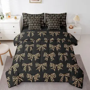 Cheetah Bow Comforter Bed Set,Coquette Bowknot Bedding Set,7Pcs Kids Boys Girls Women,Brown Abstract Leopard Print Bed Bag