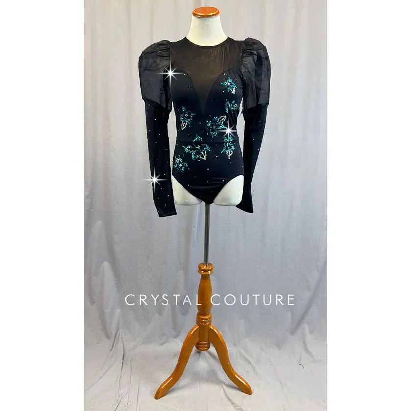 Black Long Sleeve Leotard with Tulle Puffed Shoulders - Rhinestones