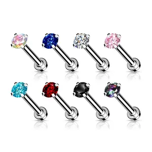 18G Flat Back Labret Studs Surgical Steel Prong Set Top CZ Nose Stud Labret Jewelry 5/16"