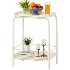 2-Tier Outdoor Table, Small Side End Table with Tray Storage, Bedside Nightstand for Living Room, Bedroom, Modern Style, Cream White