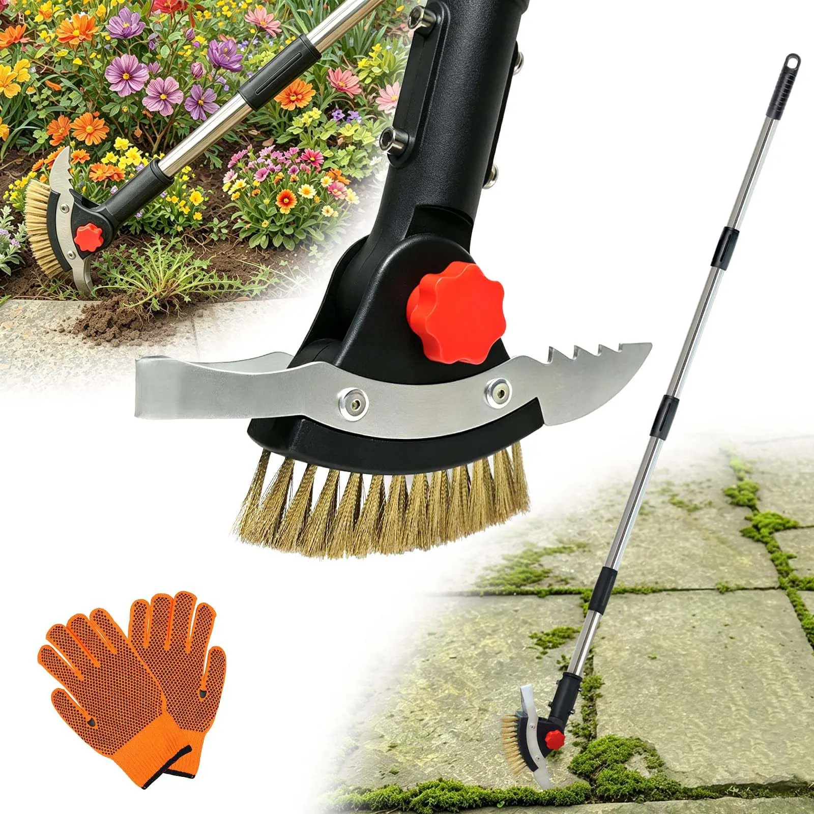 3 in 1 Crack Weeder Tool Long Handle | Heavy Duty Weed Puller, Stainless Steel Crevice Weeding Tool, Moss Scraper, For Driveway, Patio, Pavers, Sidewalk