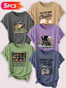 Bestselling Women's 5PCS Book & Cozy Vibe Cotton Tee Set – Cute Graphic Print Short Sleeve, Multicolor & Versatile