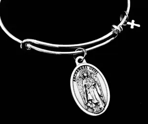 Archangel Uriel Bracelet – Silver Expandable Charm Bangle with Catholic Medal & Cross – Angel of Wisdom & Light of God Jewelry Gift