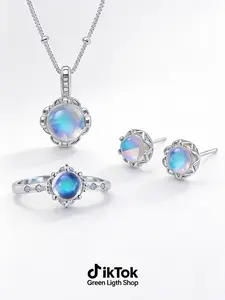 Lucky Aquamarine Jewelry Bundle for Girl Friend or Women Light Luxury Niche High-end clavicular necklace with Radiant 7mm Pendant Adjustable Ring 39+5cm Length Gift Box Included set day