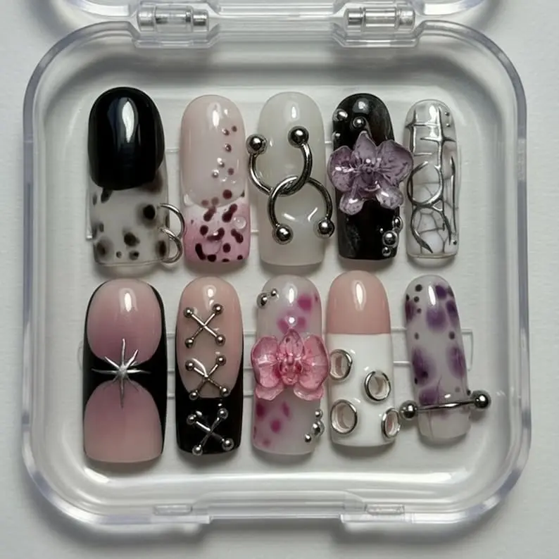 Gothic Glam Press On Nails, Black Blush Chrome Piercing Orchid Set