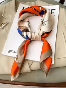 New stylish and versatile high-end 70% imitation silk scarf, retro carriage-inspired elegant square neckerchief.