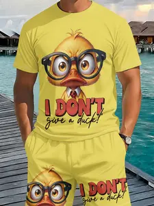 Funny Glasses Little Yellow Duck Casual Men's 3D Digital Print Two-Piece Set, 2Pcs, Summer Clothes Set, Vacation Style Tropical Trendy Outfit, Breathable Sports Casual Style, Summer Outfits Set