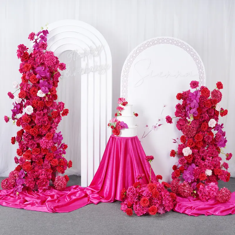 A7645 Luxury 5D Silk Flower Red Pink Wedding Backdrop Floral Arrangement, Festive Party Home Decoration Supply