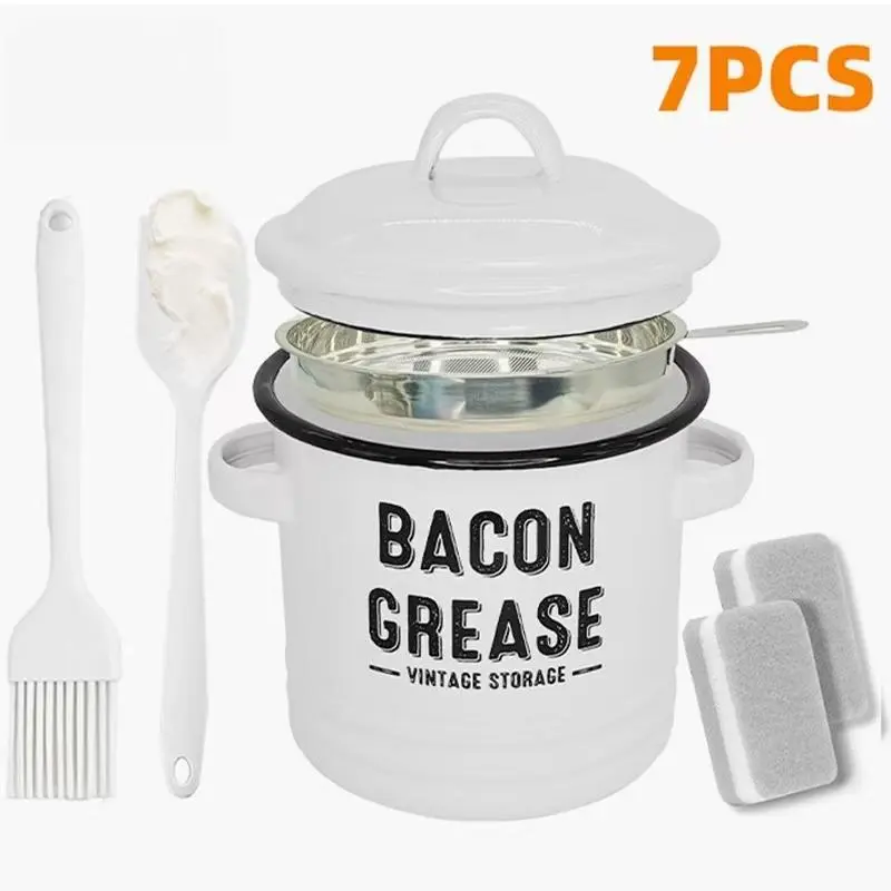 46oz Red Filter-Type Rustic Farmhouse Enamel Bacon Grease Container with Fine Mesh Strainer, Food-Grade Silicone Spatula, Dishwasher-Safe Fat Keeper for Cooks, Steel Food Colander Kitchen Utensils Gadget Accessory