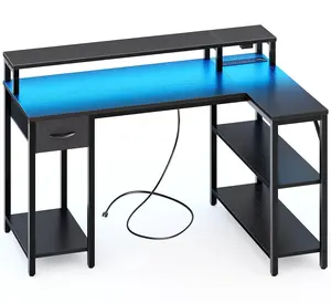 Amadwell 47 Inch L Shaped Desk with LED Strip, Corner Gaming Desk with Power Outlet, Drawer & Shelves