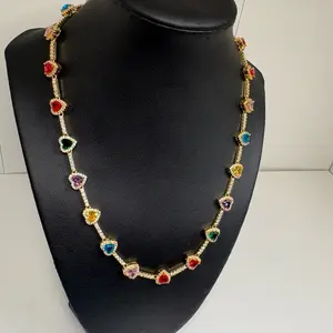 Rainbow Heart Link Necklace with Multicolor Gemstones and Gold-Tone Chain for Women's Fashion Jewelry