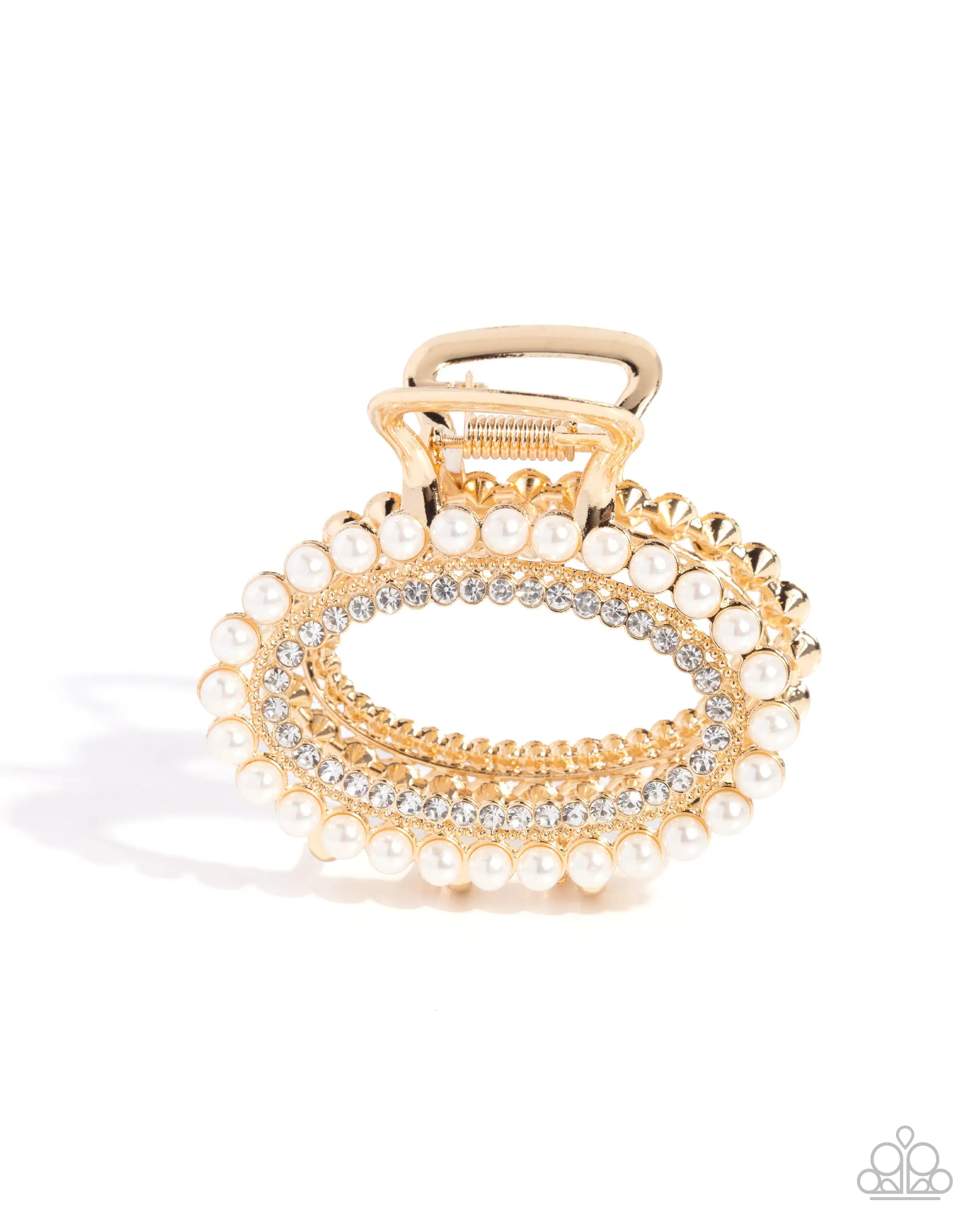 Opulent Office - Gold White Pearl Claw Hair Clip - Paparazzi