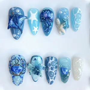Chic Nail Studio Ocean Bubble Press-On Nails, 3D Sea Life Design with Stingray, Octopus, Starfish & Shells, Blue Mermaid Custom Nail Set for Beach Trips
