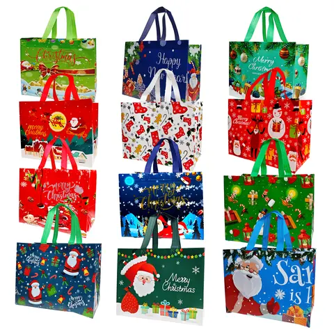 12/24PCS Christmas Gift Bags With Assorted Patterns. Reusable Non - Woven, Handle - Equipped. Ideal For New Year & Christmas Decor, Perfect For Holiday Gifting.Box Packs heavy-duty storage tote foldable shopping tote Water-Resistant market trip