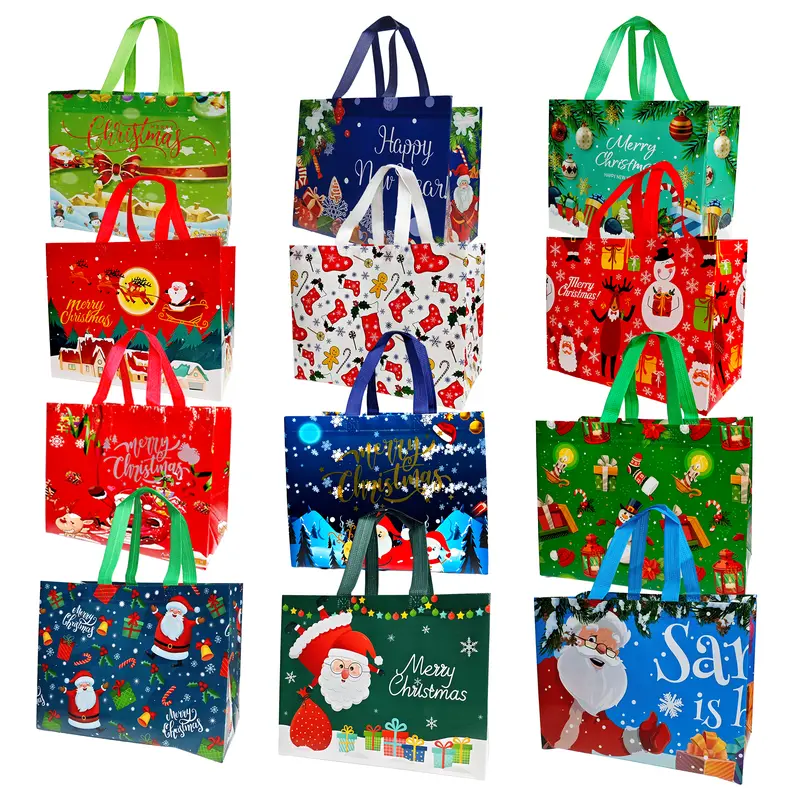 12/24PCS Christmas Gift Bags With Assorted Patterns. Reusable Non - Woven, Handle - Equipped. Ideal For New Year & Christmas Decor, Perfect For Holiday Gifting.Box Packs heavy-duty storage tote foldable shopping tote Water-Resistant market trip