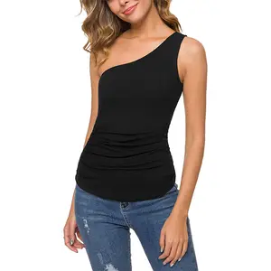 Women's One Shoulder Sleeveless Tank Ruched Blouse Top Tee Shirt