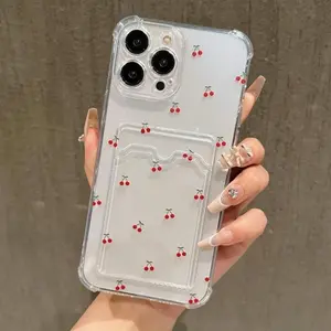 Cherry Pattern Clear Phone Case Protector with Card Slot, Shockproof Phone Protective Cover, Phone Accessories Compatible with iPhone 16 15 14 13 12 11 Pro Max Casing
