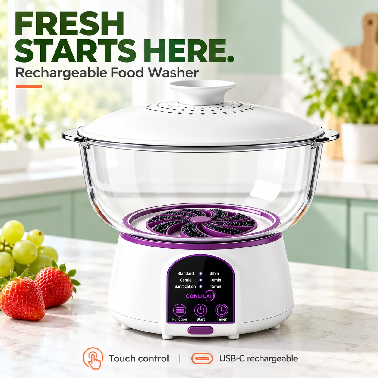 Fruit and Vegetable Washer, Electric Produce Washing Machine with Touch Controls, 3 Timer Settings, USB-C Charging and Draining Lid