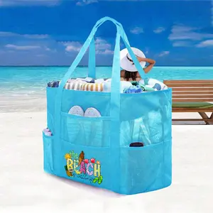 Mesh Beach Bag Large Beach Tote Bag, Multi-Use Organizer with Zipper Closure, Foldable Handy Large Mesh Tote Bag Lightweight for Family Beach Bag for Toys & Vacation Essentials ,School Bag,Large Capacity, Waterproof, Lightweight