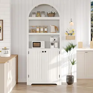 72" Tall Arched Bookcase with Doors, 5-Tier Kitchen Storage Cabinet with Adjustable Shelves, Wooden Pantry for Dining Room, Kitchen and Living Room