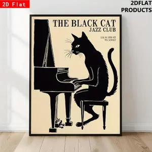Vintage NYC Jazz Bar Wall Arts Featuring Piano Music Decor Black Cat Jazz Club Poster Retro Black And Beige Canvas Print Perfect for Home Office Cafe Music Room And Gift for Jazz Fans Easy to Hang