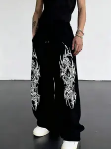 Baggy White Sweatpants With Intricate Gothic Thorn Graphic — Edgy Dark Streetwear! Bold Black Art, Relaxed Fit & Soft Fabric For Urban Cool. Perfect For Casual Layering, Casual Loose Pants.