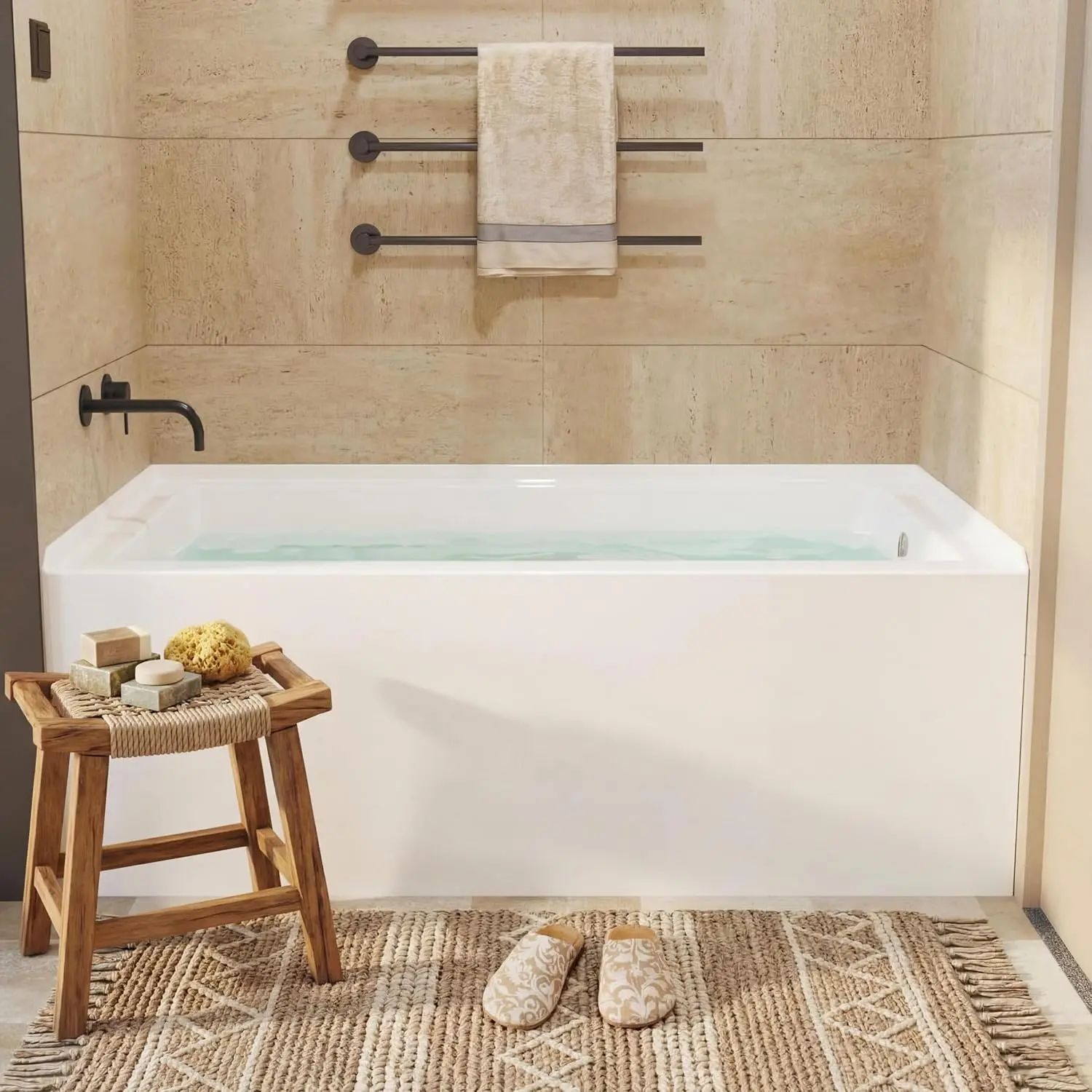 60" × 30" Soaking Tub, lightweight acrylic fiberglass apron-front bathtub featuring a high-gloss, scratch-resistant finish. Built with an easy-clean surface, ideal for compact bathrooms, equipped with right-handed drain and overflow design.