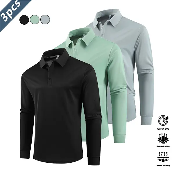 3pcs Casual Men's Long Sleeve Polo Shirt Quick Dry Golf Tennis Shirt Comfortable Equestrian Clothing Fashion Sports Apparel Suitable For Parties Vacation Travel With Collar And Cuff Design