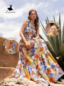 Elegant Floral Print Sleeveless Fitted Dress Womenswear with Adjustable Straps, Perfect for Destination Weddings, Boho Bridal Photoshoots, Garden Ceremonies, Romantic Vacations