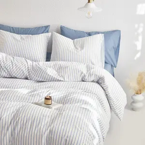 Striped Cotton Duvet Cover Set, Ticking Stripe Vertical Pinstripe Farmhouse, 100% Washed Cotton Textured Bedding Set, 3 Pieces, Blue White, Queen Size