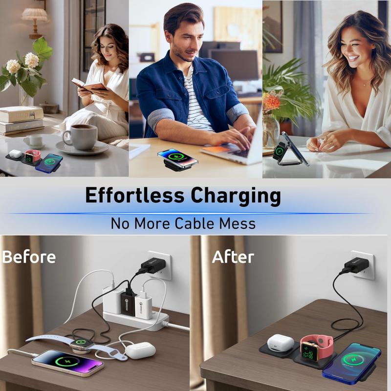 Charging Station for Apple Multiple Devices - 3 in 1 Foldable Magnetic Wireless Charger Dock - Travel Charging Pad for iPhone 15 14 13 12 Pro Max Plus Watch & Airpods Charging Station for Apple Multiple Devices - 3 in 1 Foldable Magnetic Wireless Charger Dock - Travel Charging Pad for iPhone 15 14 13 12 Pro Max Plus Watch & Airpods