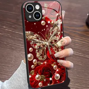 Luxurious Red Rose Butterfly Tempered Glass Phone Case with Sparkling Diamond and Pearl Elements Suitable for iPhone 17 16, 15, 14, 13, 12, 11 Plus Pro Max