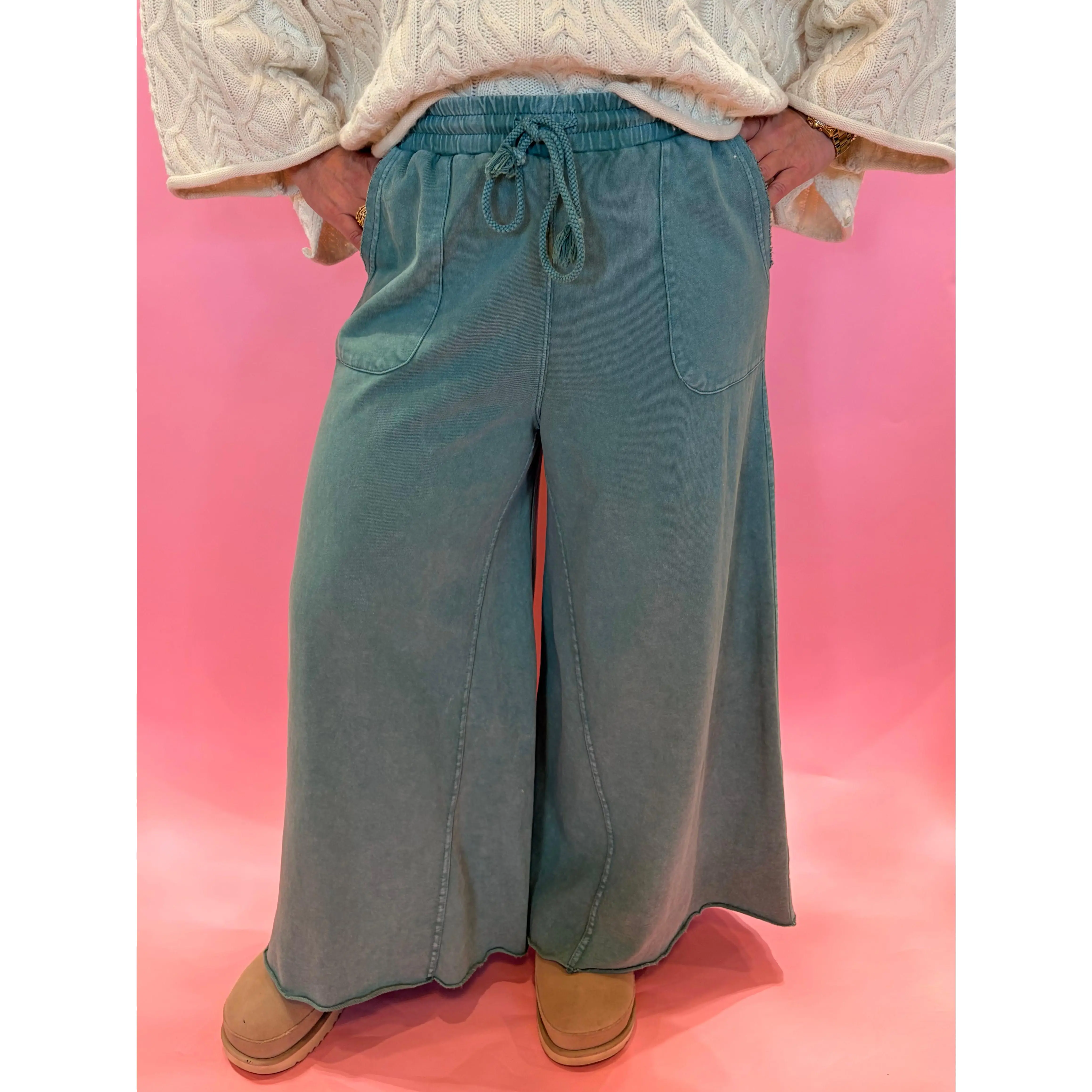 EASEL Washed Terry Wide Leg Pants