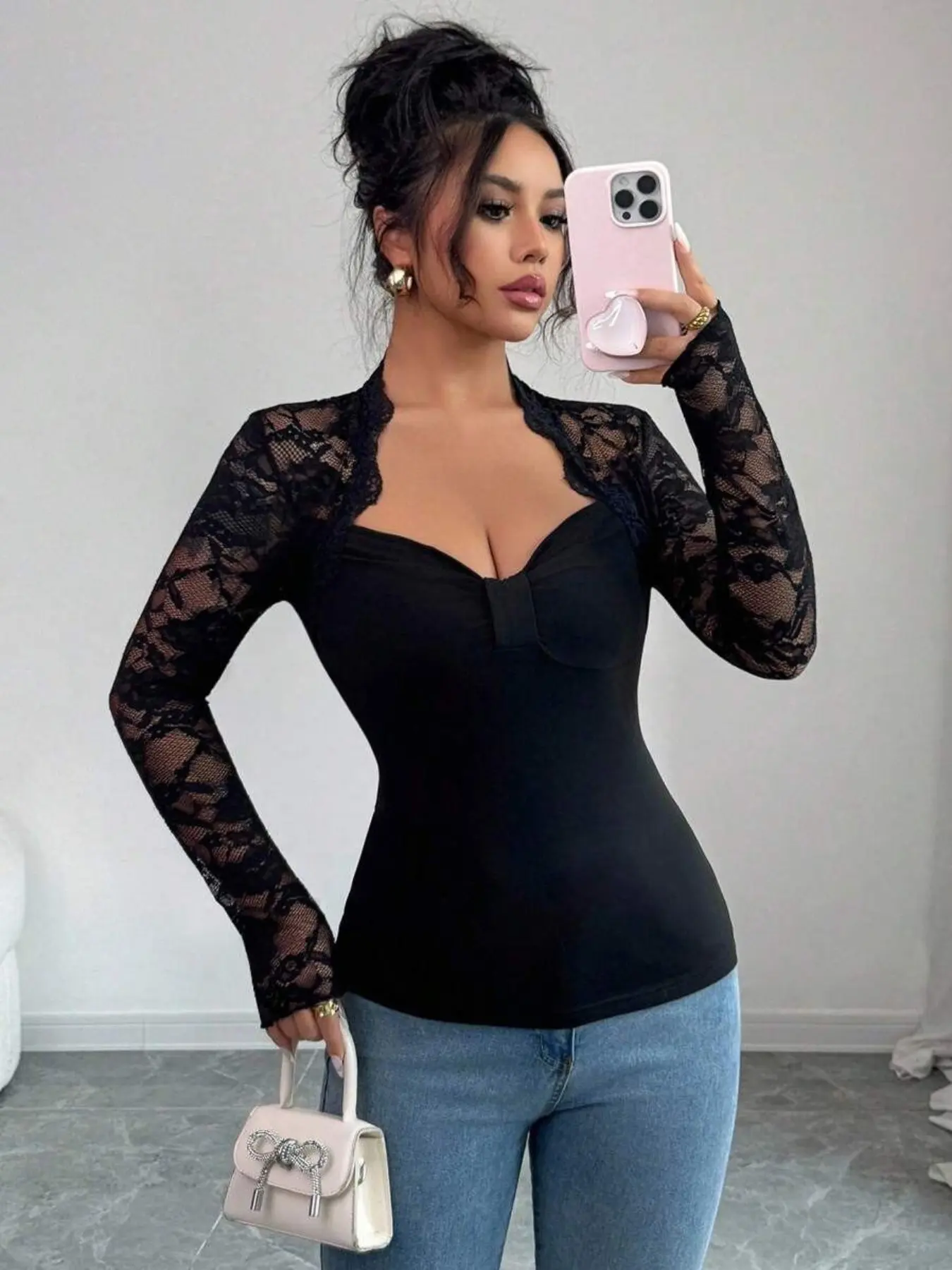 Elegant Women's High Elastic Lace Patchwork Fabric Shirt, Slim Fit Long Sleeve Top, Bodycon Fitted Top with Waist Tightening Design, Stylish Chic Solid Color Blouse