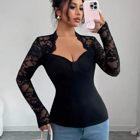 Elegant Women's High Elastic Lace Patchwork Fabric Shirt, Slim Fit Long Sleeve Top with Waist Tightening Design, Stylish Chic Solid Color Blouse Blouses Shirts