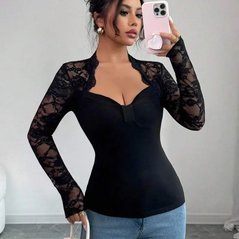 Elegant Women's High Elastic Lace Patchwork Fabric Shirt, Slim Fit Long Sleeve Top with Waist Tightening Design, Stylish Chic Solid Color Blouse Blouses Shirts