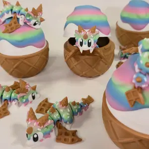 Articulated Baby Ice Cream Dragons – 3d printed, Fantasy Creatures with Waffle cone tails & sweet flavors, desktop fidget toys