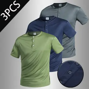 Henley Collar Solid Color Short Sleeve Tee Men's Casual Breathable Half Placket Top Three Pieces